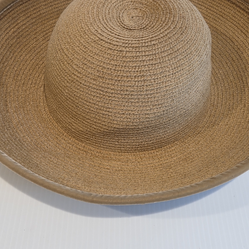 Vintage Kokin Straw Sun Hat Wide Brim Cap Beige Couture Round Crown Packable OS - Picture 5 of 16